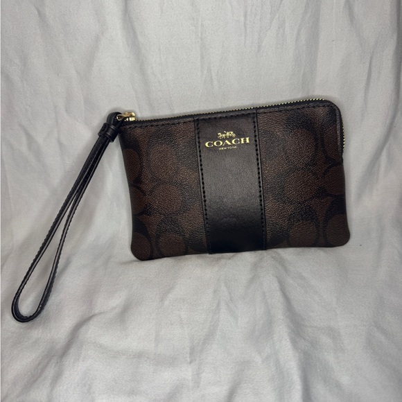 Coach Signature Brown Zip Wristlet Pouch Wallet